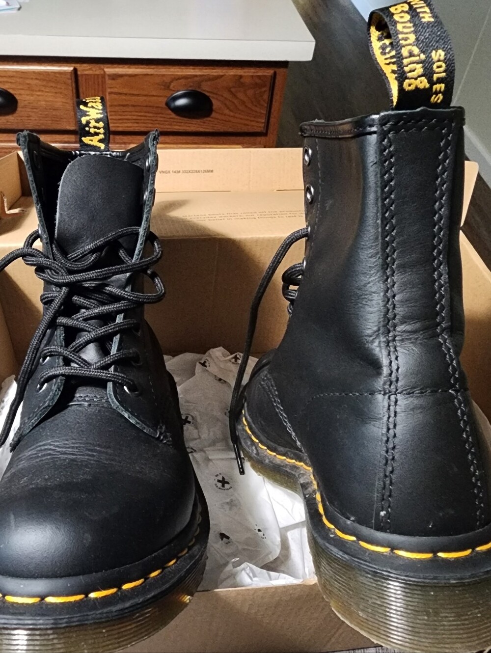 Dr. Martens Black Lace-Up Boots with Yellow Stitching.  Womens Size 7.